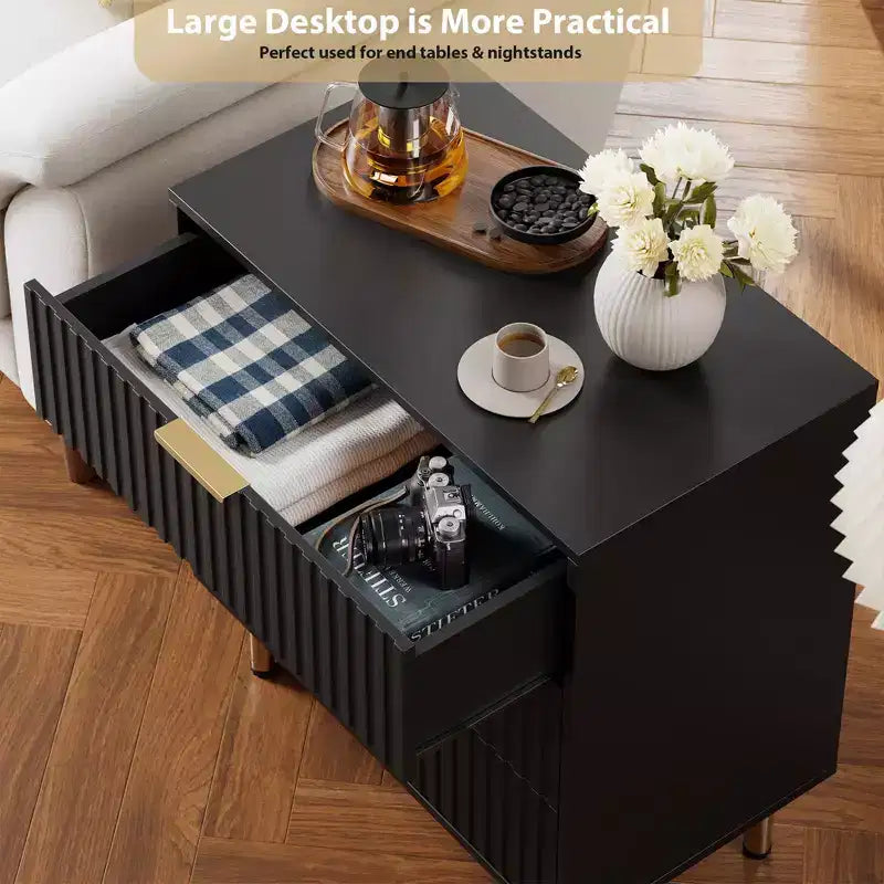 Comodino/Cassettiera a 3 cassetti con scanalature, 68 cm di larghezza, in legno, per camera da letto o soggiorno
