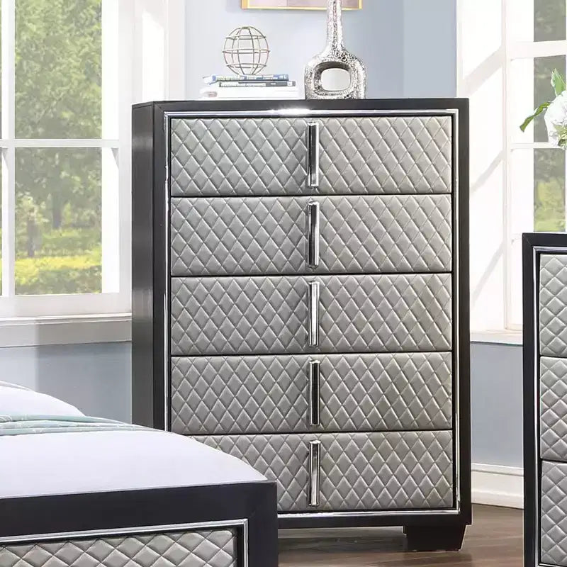 Cassettiera decorativa a 5 cassetti – 96,5 cm L x 137 cm A x 45,7 cm P, Finitura argento e nera
