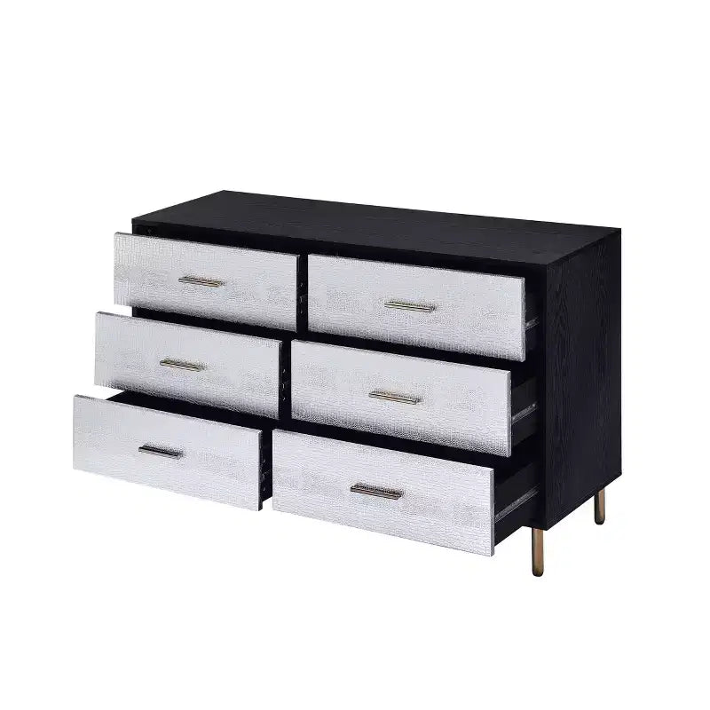 Cassettiera decorativa a 5 cassetti – 119 cm L x 74 cm A x 41 cm P, finitura nera, argento e oro