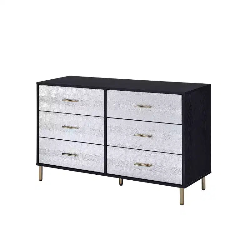 Cassettiera decorativa a 5 cassetti – 119 cm L x 74 cm A x 41 cm P, finitura nera, argento e oro
