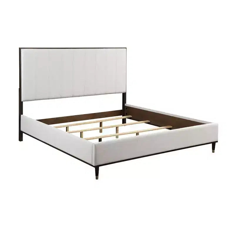 80.25" Eastern King Bed Carena Bed Light Gray Fabric White Brown Finish - Acme Furniture: Contemporary Upholstered Wood Frame
