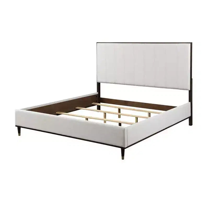 Struttura letto Eastern King imbottita con testiera in tessuto grigio chiaro, finitura bicolore contemporanea