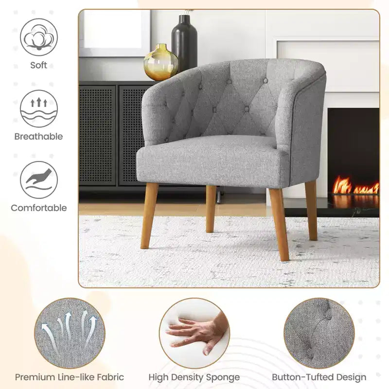 Poltrona imbottita di design con gambe in legno di caucciù