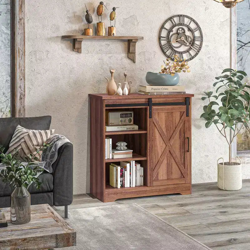 Credenza a Buffet in Stile Fattoria con Anta Scorrevole a Fienile e Ripiani Regolabili