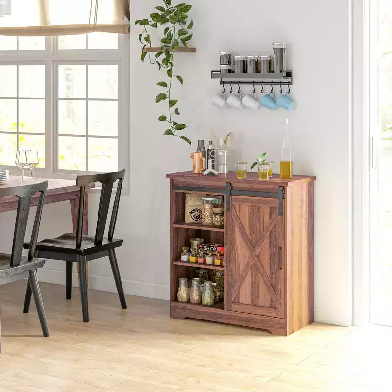 Credenza a Buffet in Stile Fattoria con Anta Scorrevole a Fienile e Ripiani Regolabili