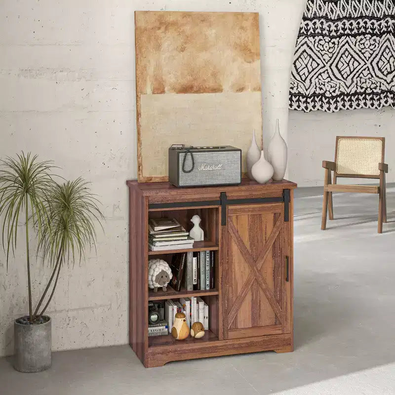 Credenza a Buffet in Stile Fattoria con Anta Scorrevole a Fienile e Ripiani Regolabili