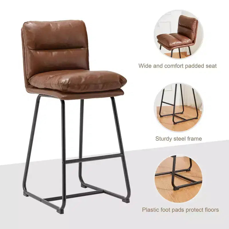 Set di 2 moderni sgabelli da bar in similpelle spessa con gambe in metallo placcato nero, altezza seduta 61 cm