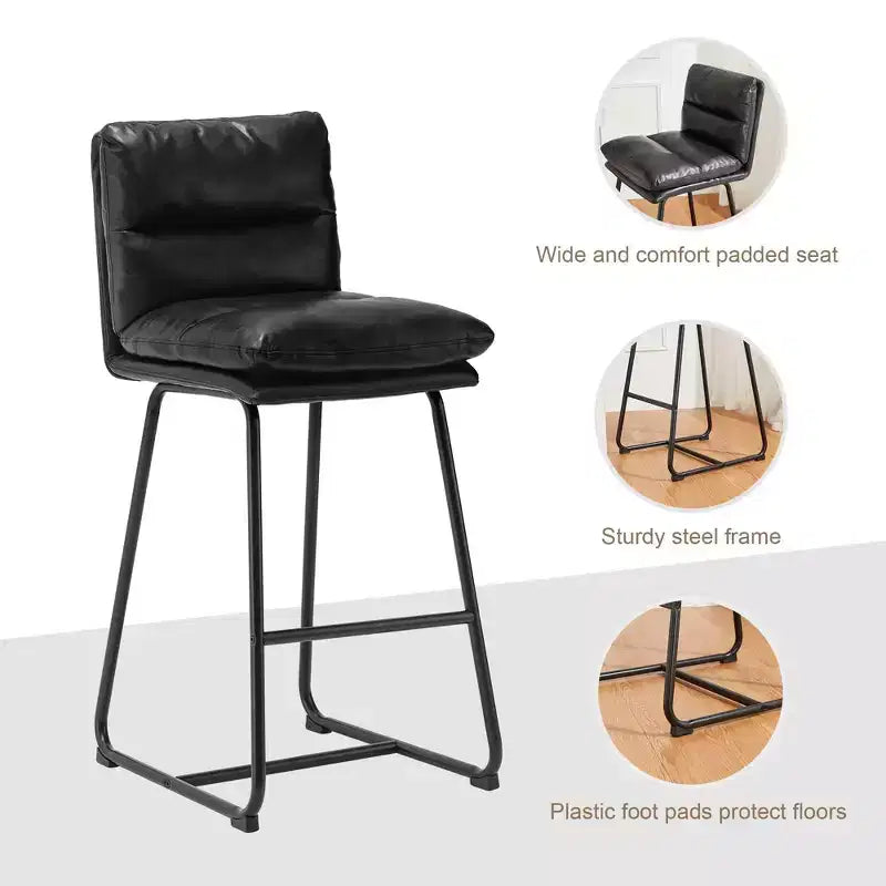 Set di 2 moderni sgabelli da bar in similpelle spessa con gambe in metallo placcato nero, altezza seduta 61 cm