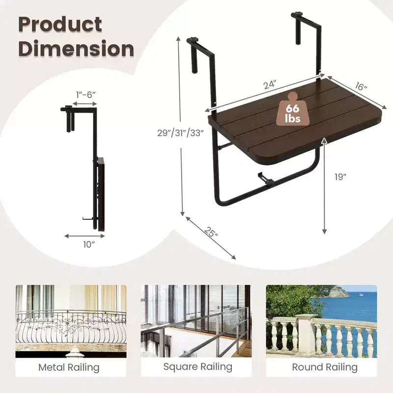 Tavolo Pieghevole da Balcone con 3 Livelli di Altezza Regolabile, per Ringhiere da 2,5 a 15 cm