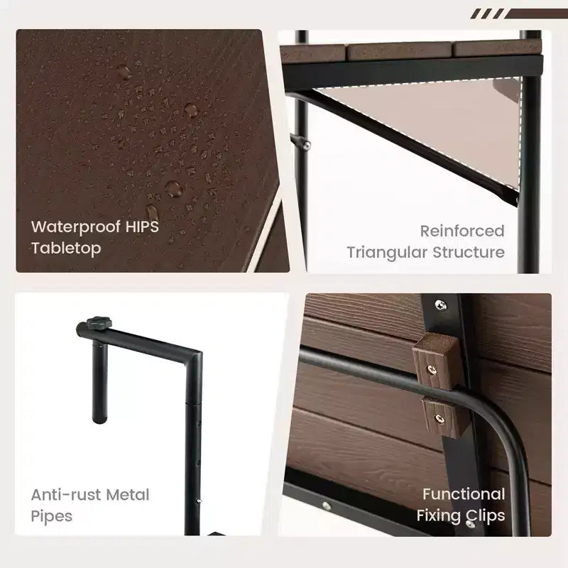 Tavolo Pieghevole da Balcone con 3 Livelli di Altezza Regolabile, per Ringhiere da 2,5 a 15 cm