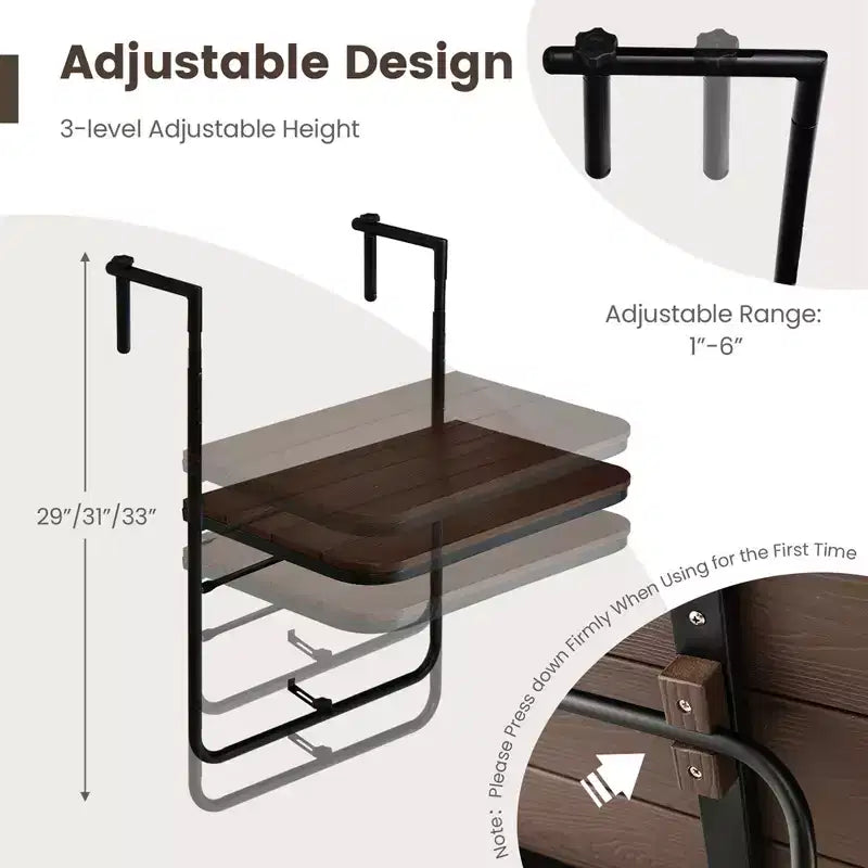 Tavolo Pieghevole da Balcone con 3 Livelli di Altezza Regolabile, per Ringhiere da 2,5 a 15 cm