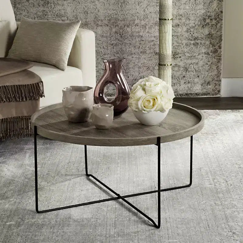 Tavolino rotondo contemporaneo con struttura in MDF e base in metallo, 38 cm (A) x 74 cm (L), beige