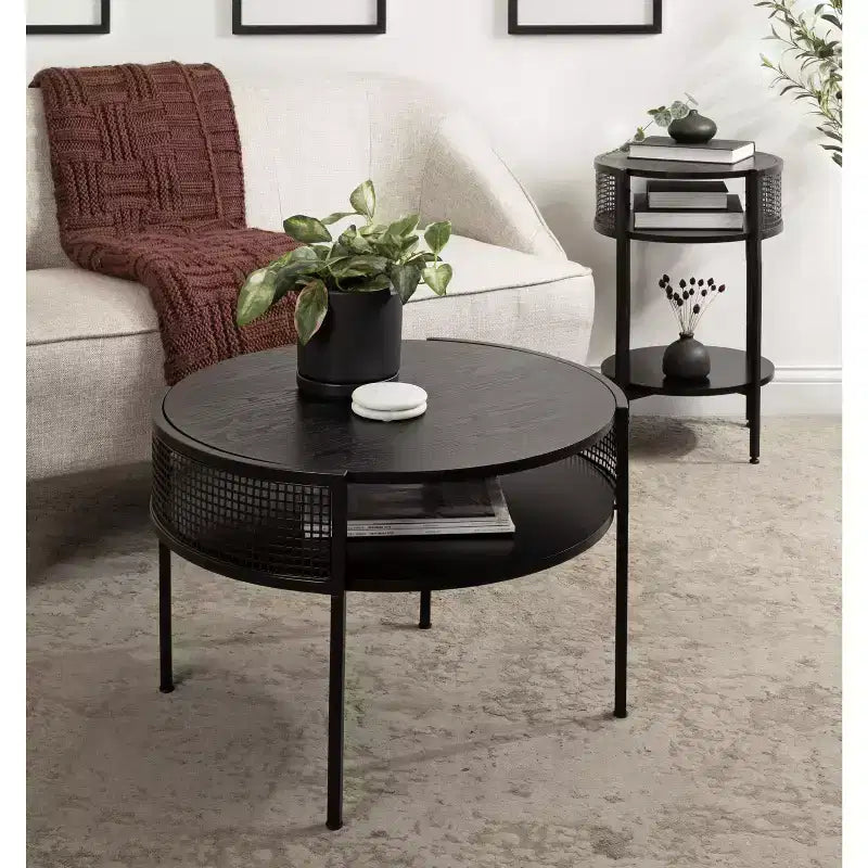 Tavolino rotondo con struttura in legno – 46A x 66L x 64P cm